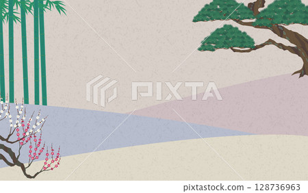 日本護身符的背景資料。松樹、竹子和梅花的插圖。 128736963