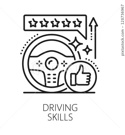 Driving life skills line icon or pictogram. Personal life skills vector symbol, people quality linear icon. Human car driving ability outline sign or pictogram with car steering wheel, thumb up 128736967