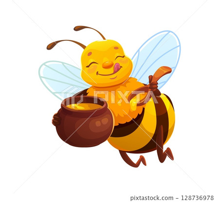 Cartoon honey bee character holding pot with honey and wooden spoon. Vector apiary insect licking lips with satisfied expression. Funny beekeeping mascot for honey harvest and sweet product collection 128736978
