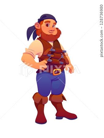 Cartoon pirate ship crew character with a beard, bandana, vest full of pistols and confident stance. Isolated vector swashbuckling sailor personage for game, book stories, or fantasy themed adventures 128736980