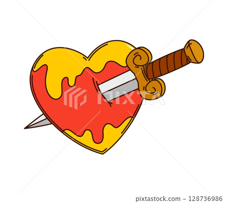 Cartoon groovy Halloween heart with dagger stab for horror holiday, vector symbol. Groovy heart stabbed with dagger knife and bleeding blood for Halloween retro cartoon emoji and trick or treat party Cartoon groovy Halloween heart with dagger stab for horror holiday, vector symbol. Groovy heart stabbed with dagger knife and bleeding blood for Halloween retro cartoon emoji and trick or treat party 128736986