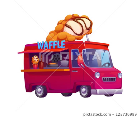 Hong Kong waffles street food truck, vintage festival foodtruck car. Cartoon vector retro mobile kitchen van with canopy, open service window, dessert snack for outdoor vending at fair or market event 128736989