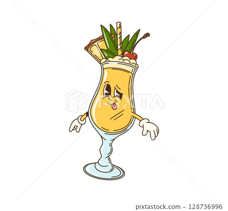 Cartoon pina colada cocktail character. Summer vacation resort cocktail or beverage glass 70s groovy cheerful character. Pina colada party tropical cocktail with pineapple isolated vector personage Cartoon pina colada cocktail character. Summer vacation resort cocktail or beverage glass 70s groovy cheerful character. Pina colada party tropical cocktail with pineapple isolated vector personage 128736996