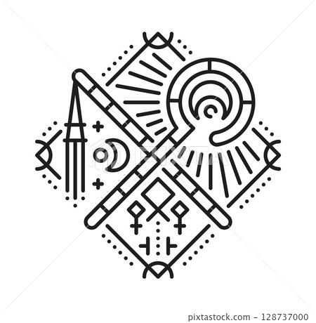 Egyptian pharaoh scepters esoteric line tattoo or symbol. Africa culture outline vector print, egypt civilization boho tattoo. Egyptian history esoteric symbol with scepte and nekhekh crosses scepters 128737000