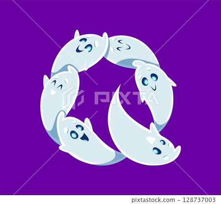 Halloween font Q letter ghost cartoon cute character. Horror phantom mascot English ABC symbol, scary creature character or creepy monster personage latin alphabet vector letter. Font typeset element 128737003