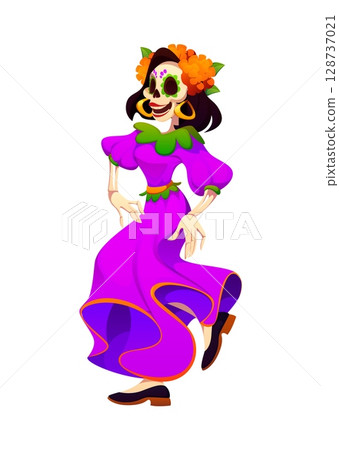Day of the dead Catrina dancer holiday character, dia de los Muertos Mexican female skeleton personage wearing a flowing purple dress, and she wears bright orange marigold flowers wreath in her hair Day of the dead Catrina dancer holiday character, dia de los Muertos Mexican female skeleton personage wearing a flowing purple dress, and she wears bright orange marigold flowers wreath in her hair 128737021