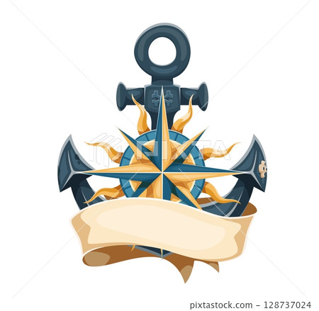 Cartoon pirate ship anchor with compass rose and scroll banner. Medieval corsair vector icon, pirate sailor tattoo or piracy heraldic emblem of vintage compass star, nautical anchor and ribbon scroll Cartoon pirate ship anchor with compass rose and scroll banner. Medieval corsair vector icon, pirate sailor tattoo or piracy heraldic emblem of vintage compass star, nautical anchor and ribbon scroll 128737024