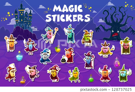 Stickers pack of Halloween micronutrient mage, wizard and sorcerer characters. Fairy wizard or sorcerer D, K, B6 and P, H, N micronutrient vitamin capsule cheerful vector characters sticker collection 128737025