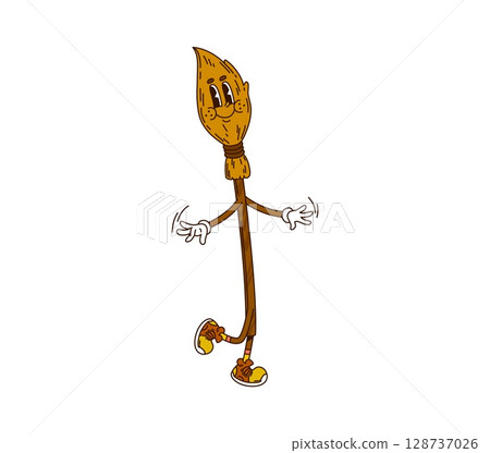 Cartoon groovy Halloween witch broom character with funny face, vector holiday symbol. Groovy witch broomstick with happy smile for Halloween holiday funky monster character in retro cartoon 128737026