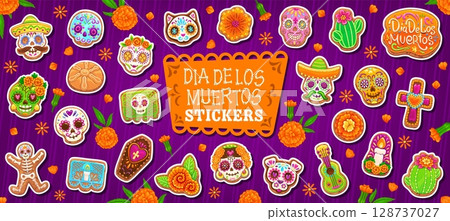 Dead Day biscuit cookie and cakes, Mexican Dia de los Muertos holiday food, vector stickers. Mexican Dead Day calavera skull cookie in sombrero and caramel mustaches, candy marigold flowers and guitar 128737027