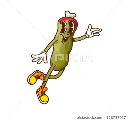 Cartoon groovy Halloween witch finger cookie character. Vector sweet candy retro personage with green skin, bone and blood. Smiling patisserie, pastry, funny dessert for kids trick or treat party 128737057