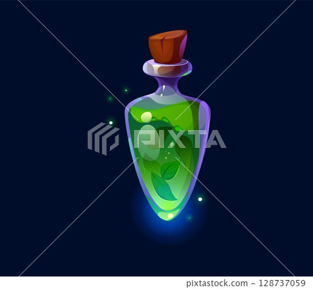 Magic potion bottle, Halloween witch poison. Wizard magic spell or poison PC arcade vector UI design element, alchemist mystic potion bottle or Halloween sorcerer mixture with cork and green leaves Magic potion bottle, Halloween witch poison. Wizard magic spell or poison PC arcade vector UI design element, alchemist mystic potion bottle or Halloween sorcerer mixture with cork and green leaves 128737059