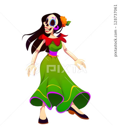 Day of the dead Catrina dancer holiday character, dia de los muertos Mexican personage Cartoon woman skeleton dressed in a colorful traditional dress dancing flamenco, celebrating festive event 128737061