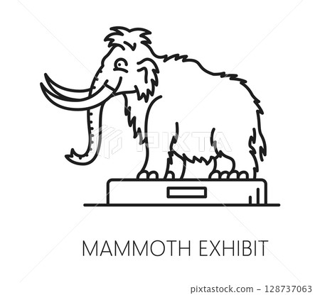 Mammoth exhibit museum exhibition line icon or sign. Natural history museum gallery lineart vector pictogram, exhibit thin line icon. Prehistoric extinct animal exhibition symbol with Ice Age mammoth 128737063