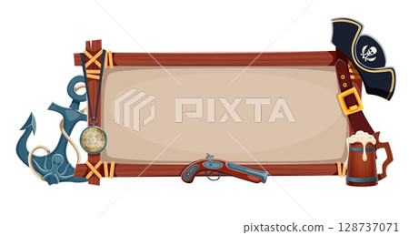 Pirate wooden signboard banner with ropes and old wood planks frame. Vector pirate game UI or corsair party sign board with cartoon black tricorn hat, vintage compass, anchor and gun, beer and belt 128737071