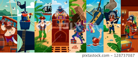 Cartoon pirate and corsair captain and skipper, sailor and boatswain characters collage. Man and woman pirates vector personages wearing costumes, hats and bandanas at old ship and treasure island Cartoon pirate and corsair captain and skipper, sailor and boatswain characters collage. Man and woman pirates vector personages wearing costumes, hats and bandanas at old ship and treasure island 128737087