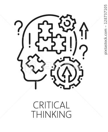Critical thinking life skills line icon or pictogram. People potential vector icon, personality life skills pictogram. Human critical thinking ability symbol with puzzle, cogwheel in head silhouette 128737105
