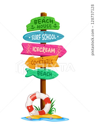 Summer beach signboard or wooden sign board signage for vacation, cartoon vector. Summer beach signboard with direction arrows to cocktails and ice cream bar, surf school and beach house sign board 128737128