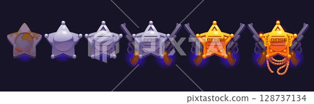 Western game level badge, wild west cowboy rank medal with revolvers and ropes. Cartoon vector sheriff star progression icons, achievement ui elements, progress sequence from rusty metal to golden Western game level badge, wild west cowboy rank medal with revolvers and ropes. Cartoon vector sheriff star progression icons, achievement ui elements, progress sequence from rusty metal to golden 128737134