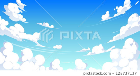 Anime sky clouds background. Cartoon vector bright heaven with fluffy white clouds and gentle gradients. Dreamy tranquil cloudscape for game backdrop, animation scenery, natural outdoor sunny view 128737137