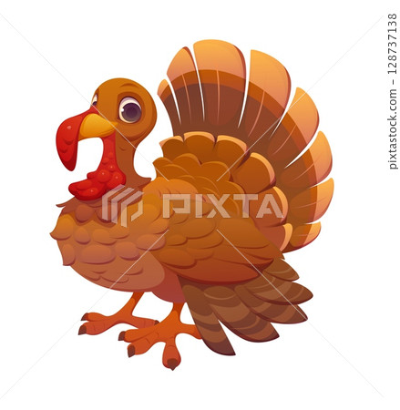 Cartoon turkey character with vivid brown feathers, bright red wattle and expressive face. Isolated vector traditional bird personage for happy thanksgiving holiday festive day, farm poultry mascot 128737138