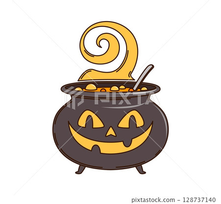 Cartoon groovy Halloween pumpkin cauldron character for horror night holiday, vector symbol. Groovy witch cauldron pot with spooky pumpkin face and magic potion for Halloween funny monster emoji Cartoon groovy Halloween pumpkin cauldron character for horror night holiday, vector symbol. Groovy witch cauldron pot with spooky pumpkin face and magic potion for Halloween funny monster emoji 128737140
