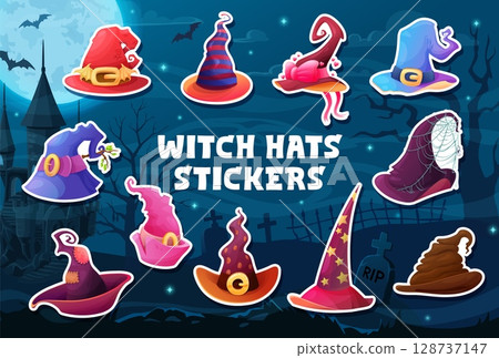 Halloween witch hats stickers pack for crafts and decorations. Vector cartoon playful wizard or sorcerer caps set against a spooky graveyard background with bats, full moon and eerie tree silhouettes 128737147