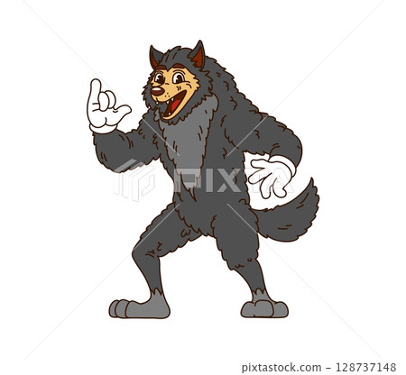 Cartoon groovy Halloween werewolf character for horror holiday, vector symbol. Groovy werewolf or funny evil wolf and funky monster animal with cheerful smiling face for Halloween holiday character Cartoon groovy Halloween werewolf character for horror holiday, vector symbol. Groovy werewolf or funny evil wolf and funky monster animal with cheerful smiling face for Halloween holiday character 128737148