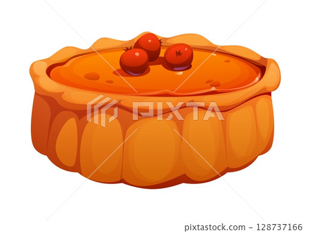 Cartoon pumpkin pie with a rich orange filling and golden crust, topped with red cranberry berries. Vector sweet, appetizing dessert, Happy Thanksgiving holiday and harvest symbol for fall festivities 128737166