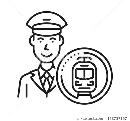 Railroad railway icon of train operator or subway motorman, vector pictogram. Railroad and railway line symbol of train driver or ticket control man with badge of metro underground and tram railcar 128737167
