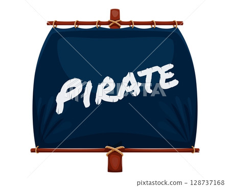 Cartoon pirate ship mast with sail, vector piracy. Corsair sailing boat or sailboat, old wooden galleon, caravel, frigate or schooner rigging front view with wood mast, black sail, spars and ropes 128737168