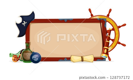 Pirate signboard banner, vector game UI. Cartoon wooden sign board in old wood frame with corsair treasure map, captain hat, wheel and spyglass, rum bottles and smoking pipe. Pirate party banner 128737172