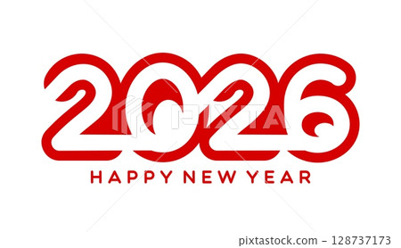 Happy 2026 New Year calendar icon. Greeting card vector typography with continuous line font red numbers and text of Happy holiday wishes. Chinese New Year festival or celebration party invitation 128737173