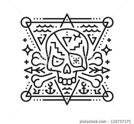 Pirate skull with eye patch esoteric line symbol. Filibuster marine esoteric lineart vector sign, pirate magic thin line tattoo. Corsair sailing tarot symbol or print with human skull, crossed bones 128737175