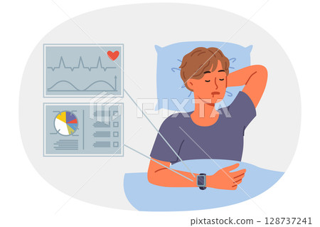 Smart bracelet on hand of sleeping man monitors heartbeat and sleep quality indicators 128737241