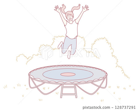 A Young Child Joyfully Jumping on a Large Trampoline Filled with Enthusiasm and Delight A Young Child Joyfully Jumping on a Large Trampoline Filled with Enthusiasm and Delight 128737291