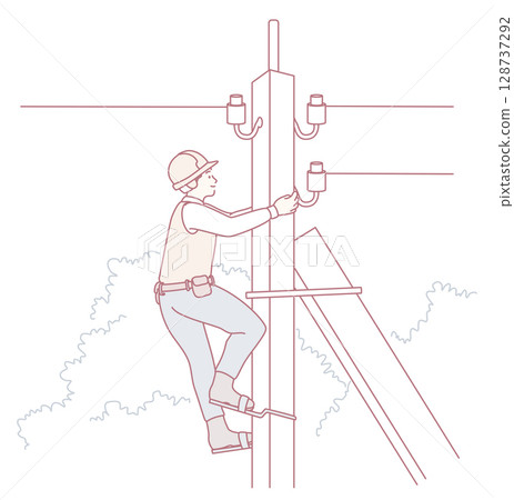 An Electrician is skillfully Climbing a Utility Pole for Essential Power Installation Work 128737292