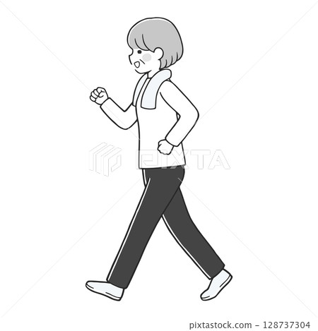 Senior woman walking happily monochrome Senior woman walking happily monochrome 128737304