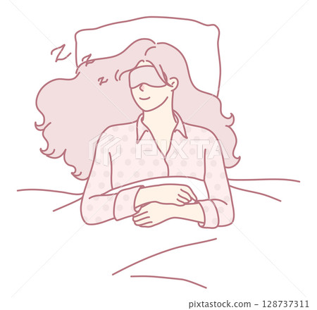 Enjoying a Peaceful Sleep while Wearing an Eye Mask and Snuggly Cozy Attire in Bed 128737311