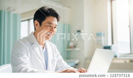 A clean medical scene where a smiling Japanese doctor operates a laptop in an examination room 128737318