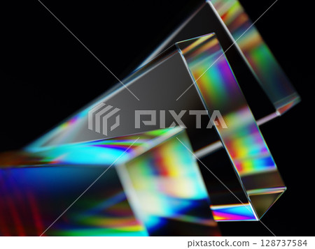 Abstract black 3d background with glass transparent rectangular blocks and rainbow light prism effect. Crystal geometric shapes with bright neon gradient spectrum. Digital tech banner. 3D illustration Abstract black 3d background with glass transparent rectangular blocks and rainbow light prism effect. Crystal geometric shapes with bright neon gradient spectrum. Digital tech banner. 3D illustration 128737584