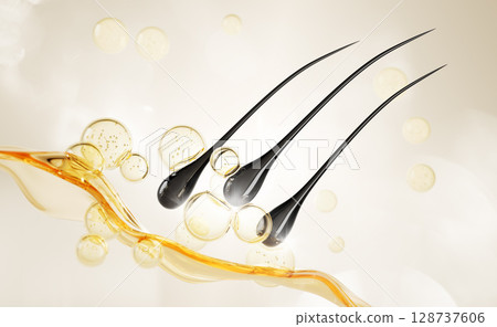 Hair care 3d background with follicles, golden wave and oil drops. Nourish shampoo, serum or biotin vitamin bubbles. Yellow water flow with cosmetic balls for hair protect and growth. 3D illustration Hair care 3d background with follicles, golden wave and oil drops. Nourish shampoo, serum or biotin vitamin bubbles. Yellow water flow with cosmetic balls for hair protect and growth. 3D illustration 128737606