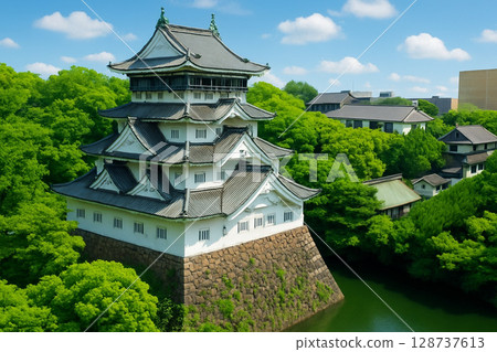 View of Kokura Castle from the observation deck on the roof of Kitakyushu City Hall 128737613