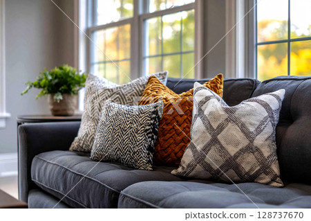 Modern sofa with neutral pillows creates a cozy corner in the living room 128737670