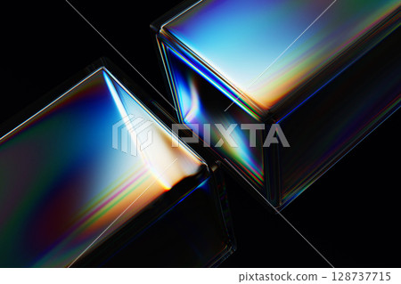 Abstract black 3d background, glass translucent cube blocks with rainbow light prism effect. Iridescent crystal diagonal pattern. Vibrant rectangle shapes, digital technology design. 3D illustration 128737715