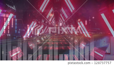 Triangular neon passage mirroring glow in tunnel, with candlestick and line graph overlays 128737757