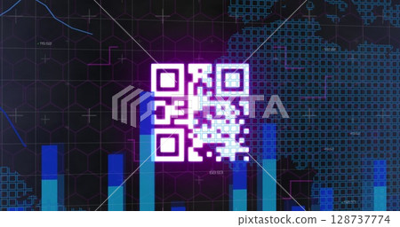 Image of neon qr code with clock over data processing Image of neon qr code with clock over data processing 128737774