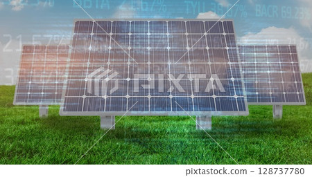 Image of financial data processing over solar panels and landscape Image of financial data processing over solar panels and landscape 128737780