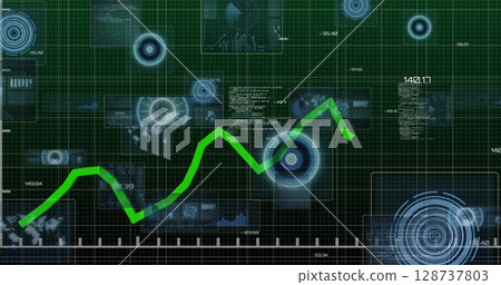 Image of data processing with green line over scopes scanning on black background 128737803