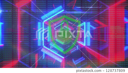 Security padlock over shield icon against neon tunnel against data processing 128737809